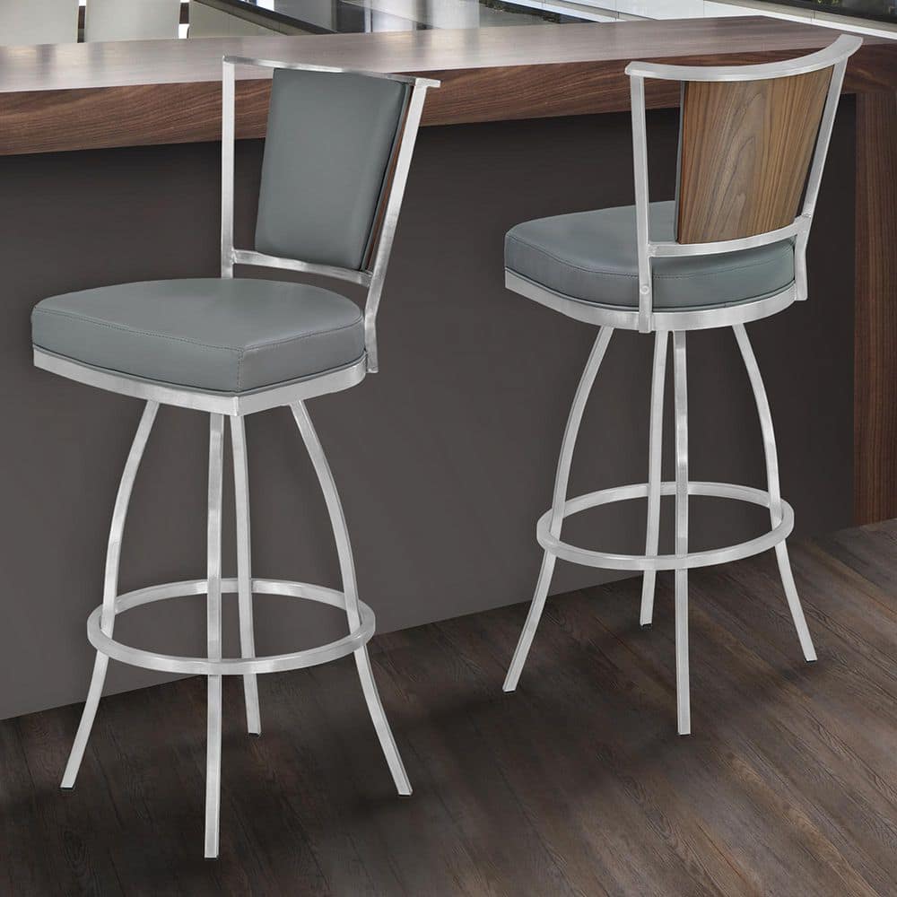 Delhi 26 in. Gray/Brushed Stainless Steel Metal Counter Stool with Faux Lea
