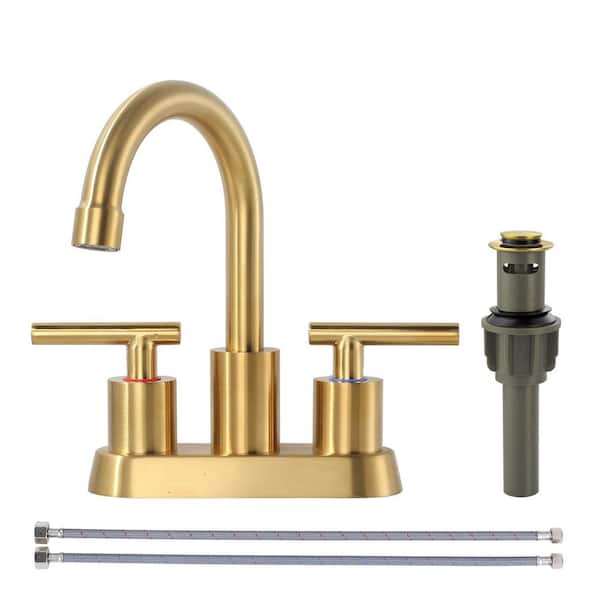 Modern 4 in. Centerset Double Handle High Arc Bathroom Sink Faucet with Pop-Up Drain in Gold