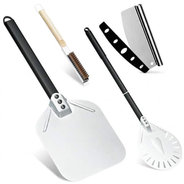Silver Pizza Peel Set Home Pizza Oven Accessories Kit with Perforated Spatula, Turning Peel, Brush, Cutter