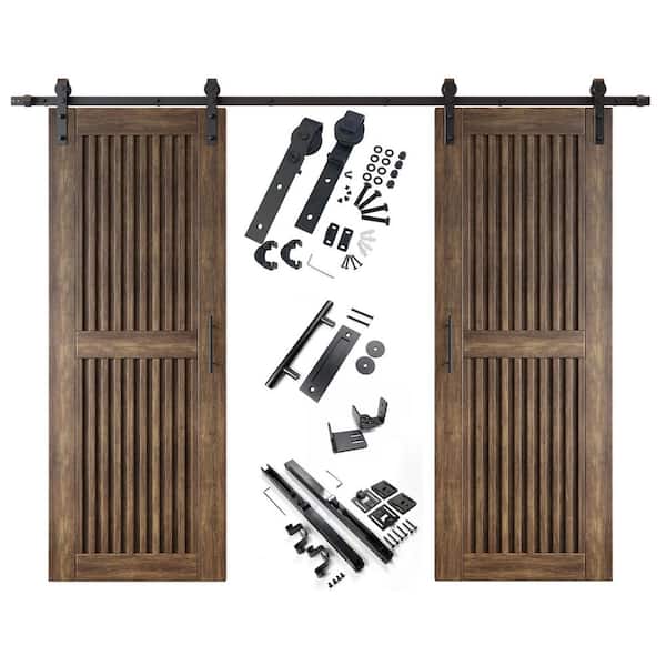 ST 26 in. x 80 in. C-Panel Dark Walnut Vertical Stripe Design Double Pine Wood Sliding Barn Door with Hardware Kit