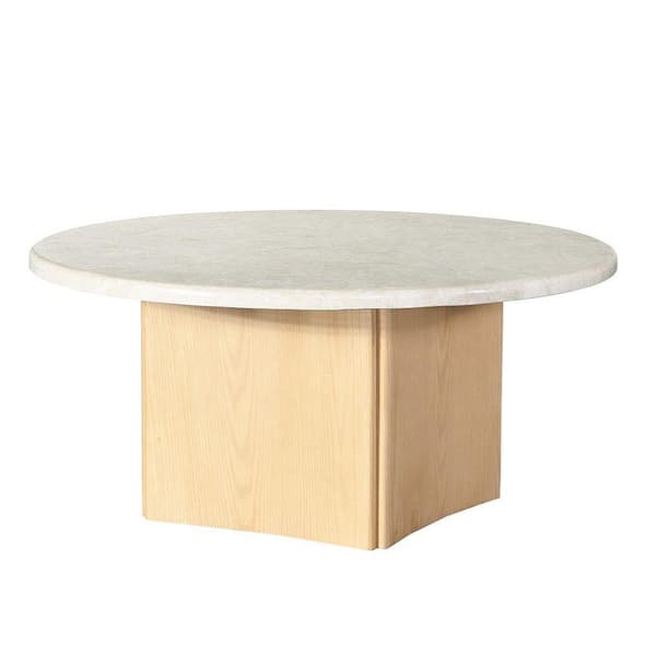 Acme Furniture Qwin 39.37 in. Oak Round Marble Coffee Table with No Additional Features
