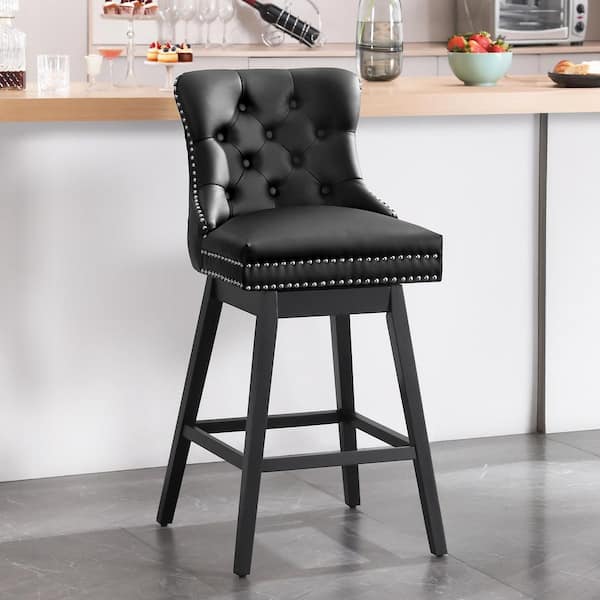 Hochwertiges 29 in. Black Faux Leather Upholstered Solid Wood Frame Bar Height Swivel Bar Stool (Set of 1)