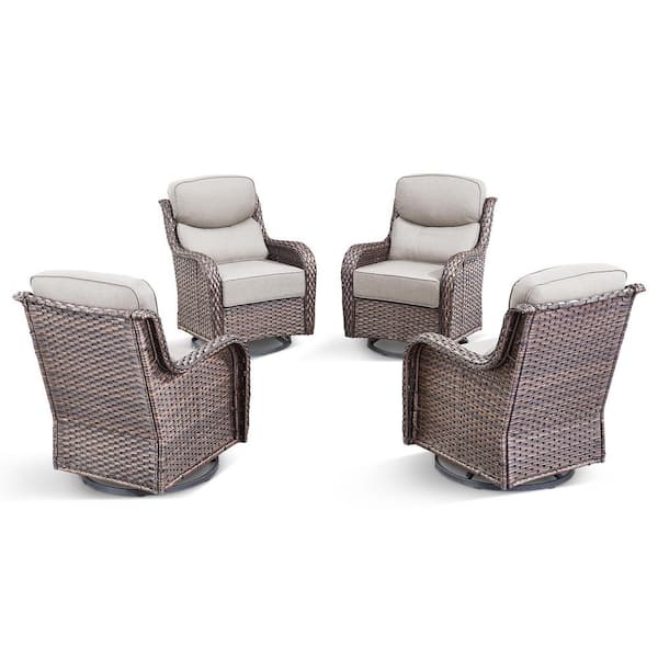 5 in. Thicken Outdoor Swivel Brown Wicker Outdoor Rocking Lounge Chair with CushionGuard Beige Cushions (Set 4-Pack)