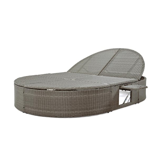 Wicker Outdoor Patio Day Bed with Adjustable Backrests and Gray Cushions