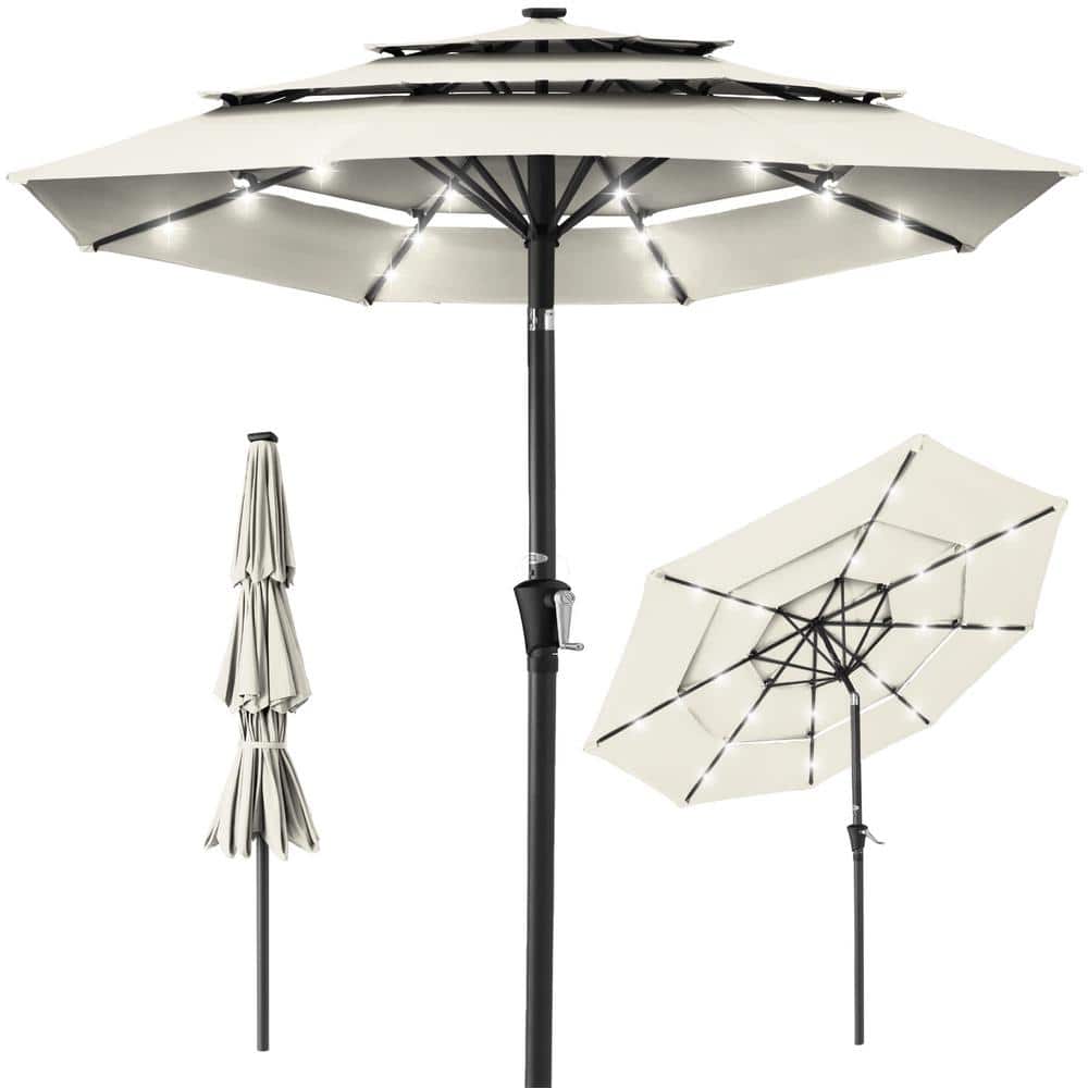 Ivory 10ft 3-Tier Solar Patio Umbrella with LED Lights