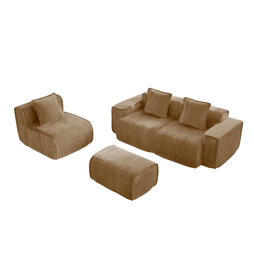 88 in. French Edge 3-piece Velvet L-Shape Sectional Sofa with Pillows & Ottoman in Brown durable construction