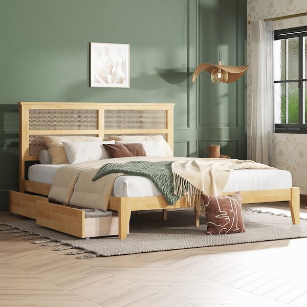Natural Brown Wood Frame King Size Platform Bed with Rattan Headboard, Two Storage Drawers and Enhanced Support Feet
