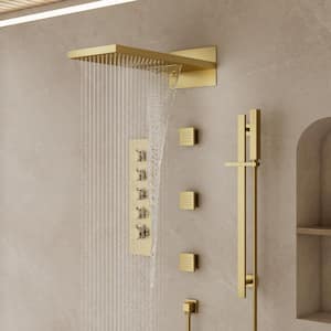 15-Spray 22 in. x 9 in. Wall Mount 2-Functions Fixed and Handheld Shower Head 2.5 GPM with 3-Jets in Bruhsed Gold