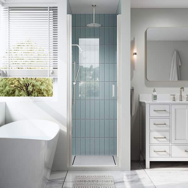 28 in. W x 72 in. H Pivot Semi-Frameless Shower Door in Brushed Nickel with 6mm Clear Glass