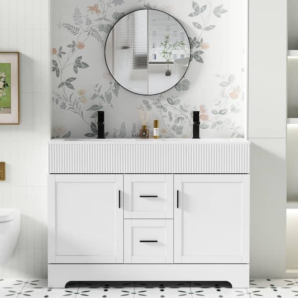 48 in. W. x 18.3 in. D x 34 in. H Double Sink Freestanding Bath Vanity in White with White Resin Top Drain Faucet Set