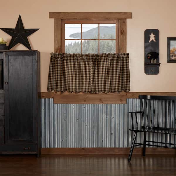 VHC BRANDS Primitive Check 36 in. x 24 in. L Scalloped Light Filtering Tier Window Panel in Black Khaki Pair