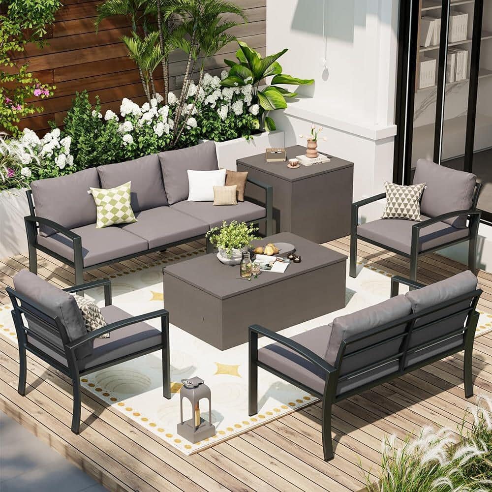 6-Piece Metal Patio Conversation Set with Dark Grey Cushions and 2 Storage Boxes for Patio, Garden price history on PriceWatchPro