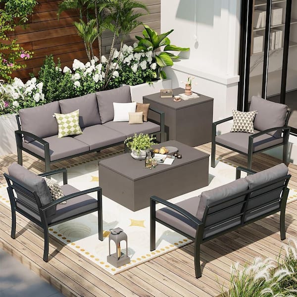 Sudzendf 6-Piece Metal Patio Conversation Set with Dark Grey Cushions and 2 Storage Boxes for Patio, Garden