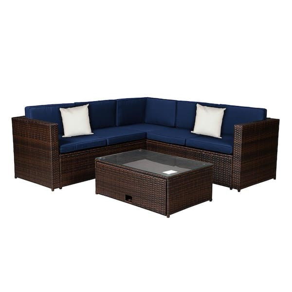 URTR Brown 4-Piece PE Rattan Wicker Patio Furniture Set Sectional Sofa Conversation Set with Pillow, Table, Navy Blue Cushion