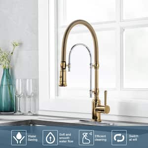 2-Functions Single Handle Gooseneck Pull Down Sprayer Kitchen Faucet with Spring Tube in Solid Brass Chrome and Gold