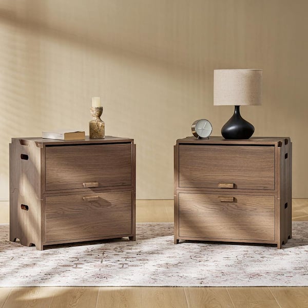 JAYDEN CREATION Jakob Walnut 25 in. Tall Modern 2-Drawer Flip-Top Nightstand (Set of 2)