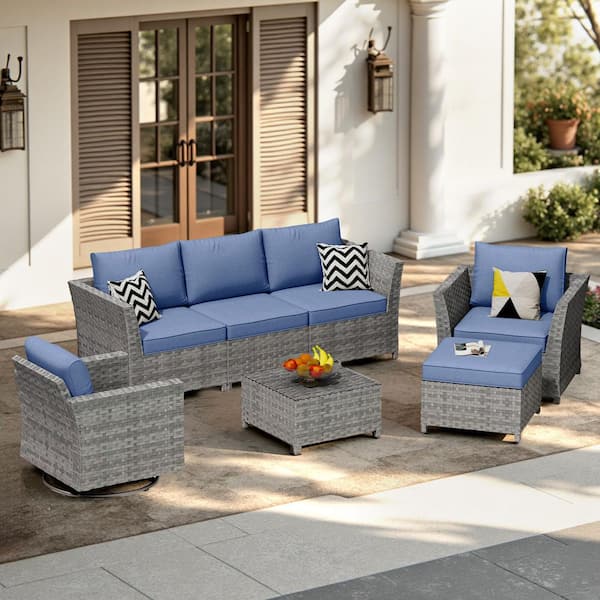 OVIOS Bexley Gray 7-Piece Wicker Patio Conversation Seating Set with Denim Blue Cushions and Swivel Chairs