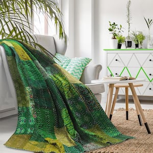 Faith Green/ Multicolored Patchwork Hand-Stitched Cotton Blend Throw Blanket