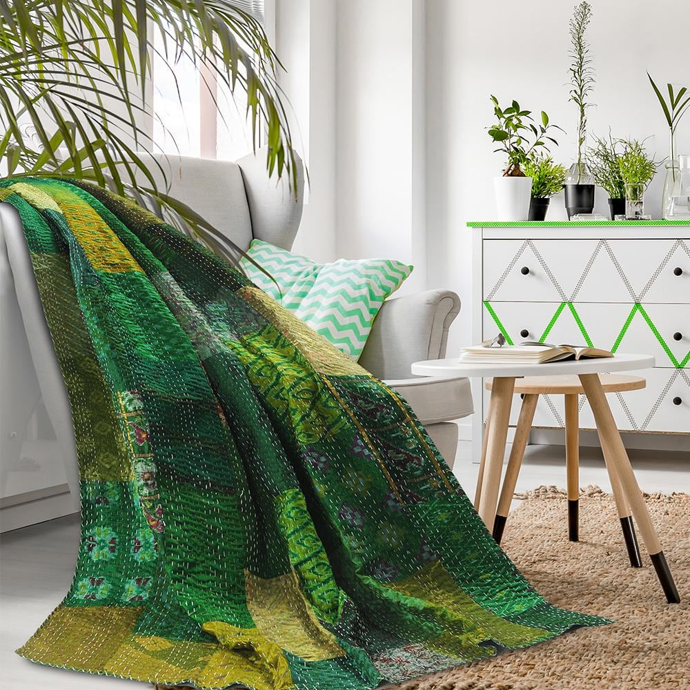 Faith Green/ Multicolored Patchwork Hand-Stitched All Narural Cotton Blend 