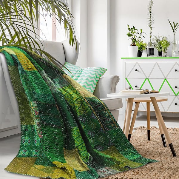 Unbranded Faith Green/ Multicolored Patchwork Hand-Stitched All Narural Cotton Blend Throw Blanket