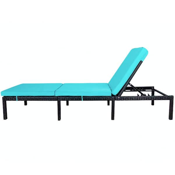 maocao hoom Black Wicker Outdoor Chaise Lounge with Blue Cushion