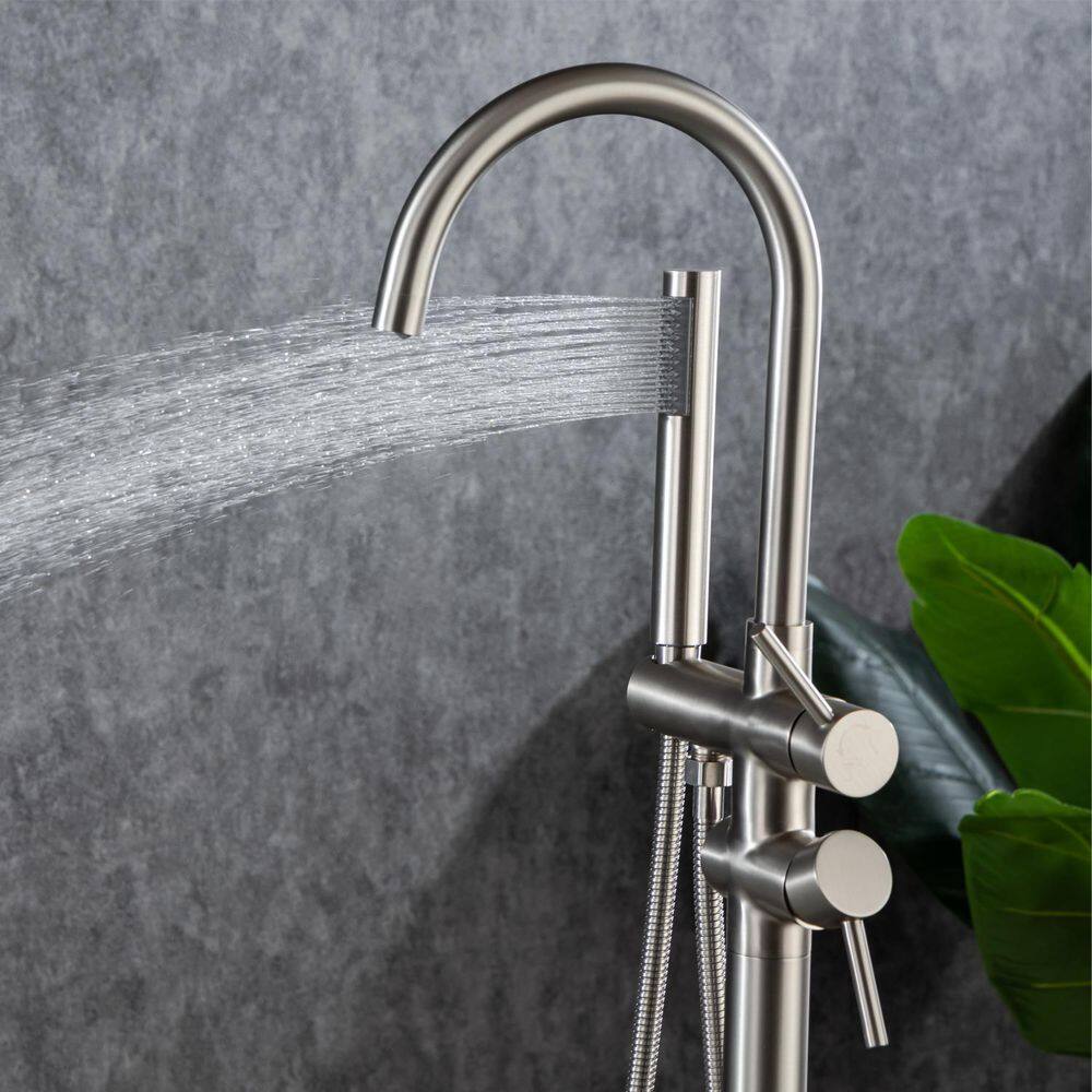 Brushed Nickel Double Handle Floor Mount Tub Faucet with Hand Shower