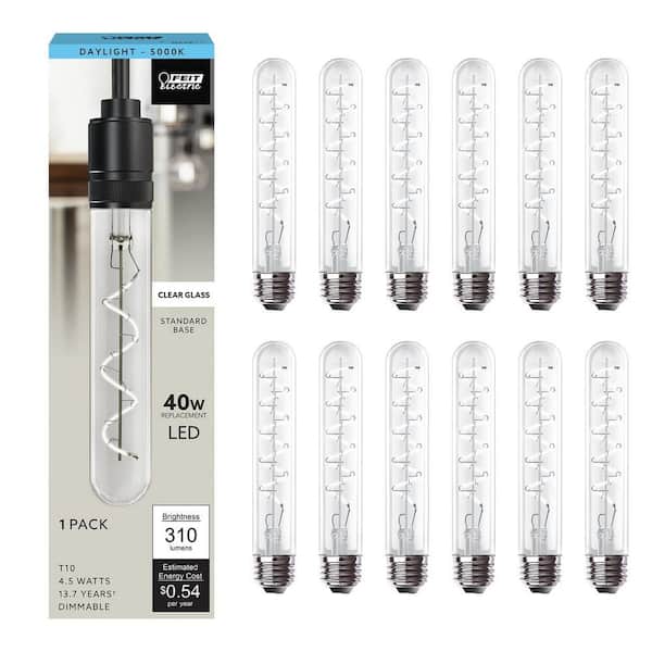 40-Watt Equivalent T10 Dimmable Spiral Filament Large Clear Glass E26 Vintage Edison LED Light Bulb, Daylight (12-Pack)
