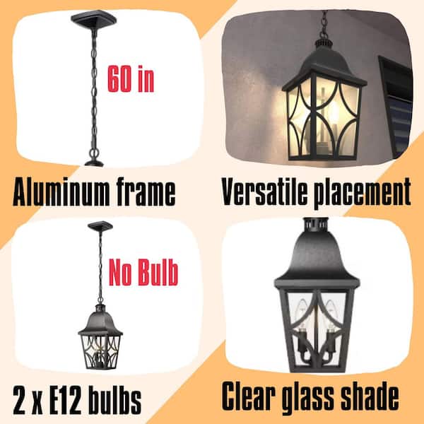 Outdoor/Indoor 60-Watt 2-Light Black Pendant Light with Clear Glass Shade and No Light Bulb Included
