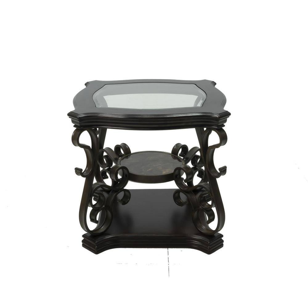 26 .3 in. Dark Brown Specialty Glass Table Top Coffee Table With Marble Paper Middle Shelf and Metal Legs