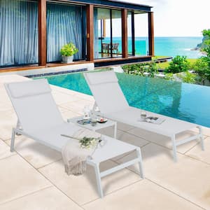 3-Piece White Adjustable Sling Outdoor Chaise Lounge Set with Steel Side Table
