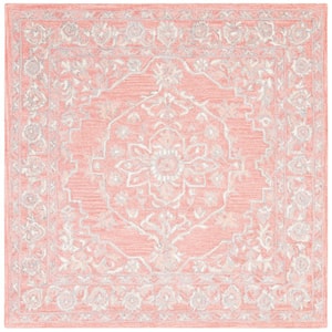 Micro-Loop Pink/Ivory 3 ft. x 3 ft. Floral Border Square Area Rug