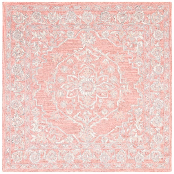 SAFAVIEH Micro-Loop Pink/Ivory Doormat 3 ft. x 3 ft. Floral Border Square Area Rug