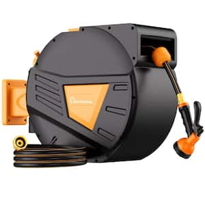 Retractable Garden Hose Reel 1/2 in. to 100 ft. Orange Retractable Reel Wall Mounted Width 10-In-1 Hose Nozzle