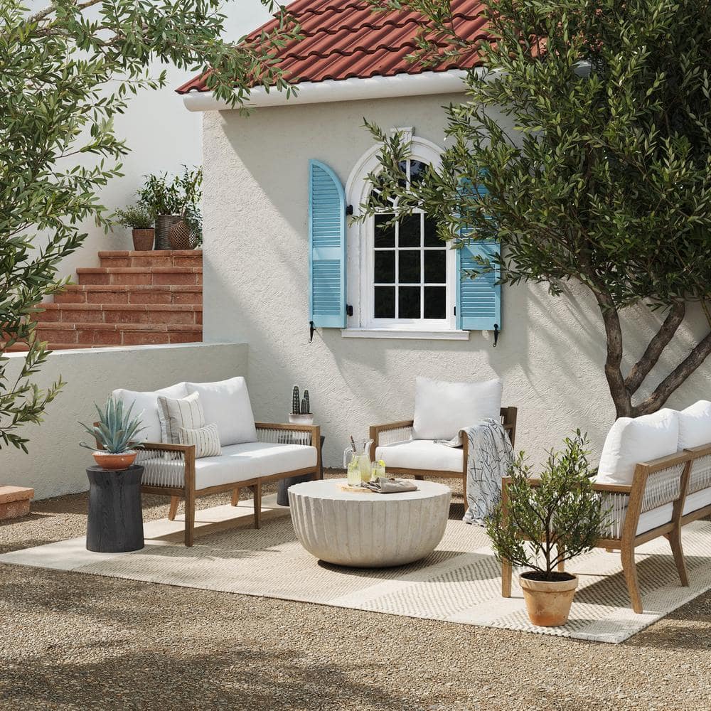Freya Light Brown Acacia Wood Patio Loveseat with White Cushions