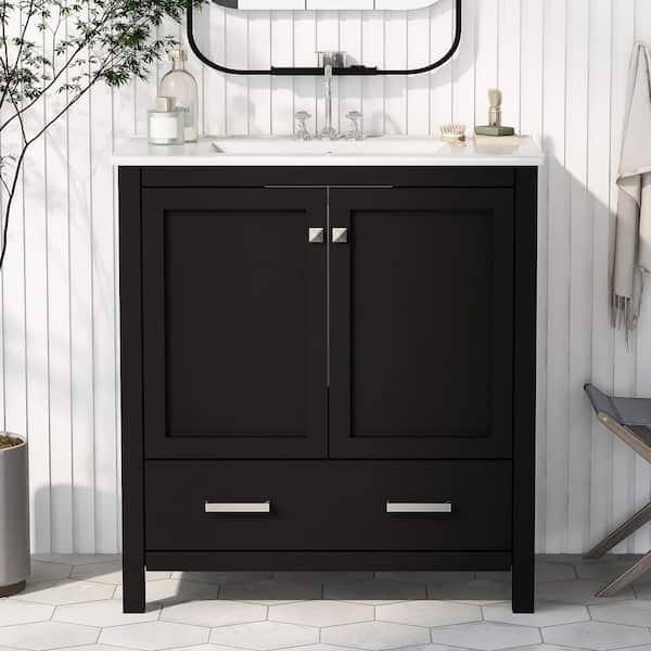 Staykiwi 30 in. W x 18 in. D x 34 in. H Single Sink Freestanding Bath Vanity in Black with White Ceramic Top