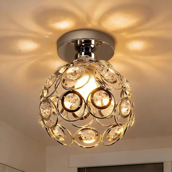 7 in. Elegant Silver Mini Crystal Semi-Flush Mount-Modern 1-Light Fixture for Living Room, Foyer, or Hallway