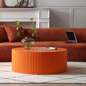 Stylish Round MDF Coffee Table with Handcraft Relief Design 35.43 in., Bright Orange