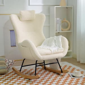 Beige Polyester Rocking Chair with Side Pocket and Adjustable Headrest, Accent Chair for Living Room and Bedroom