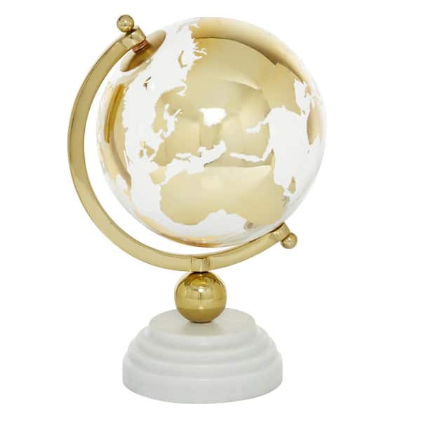 Litton Lane 13 in. Gold Marble Decorative Globe with Marble Base and Tiered Base