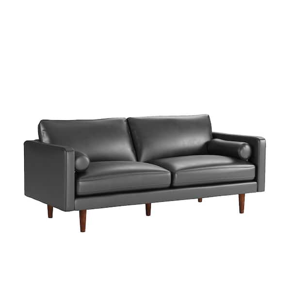 HomeSullivan 77.8 in. Square Arm Mid-Century Upholstered Faux Leather Straight Black Sofa