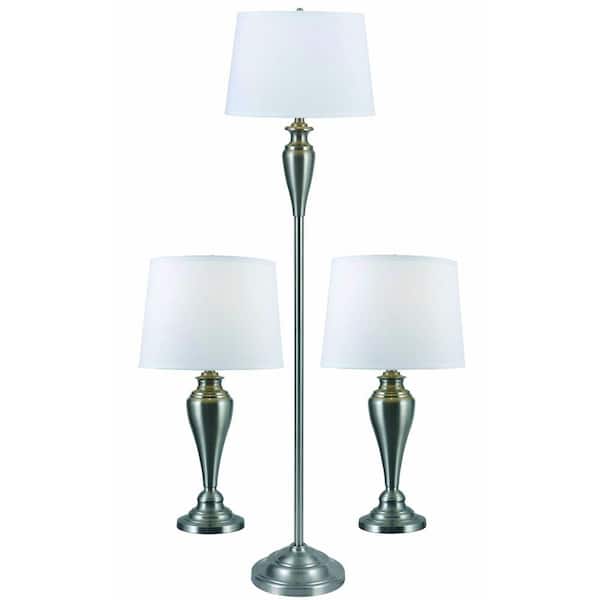 Kenroy Home Edson 60 in. Brushed Steel Floor and Table 27 in. Lamp Set (3-Pack)