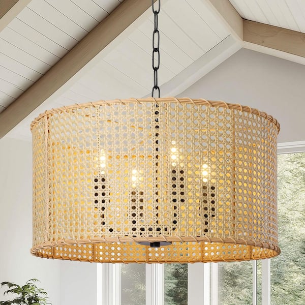 LamQee 4-Light Black Round Rattan Pendant Design Drum Chandelier with Hand Woven Shade
