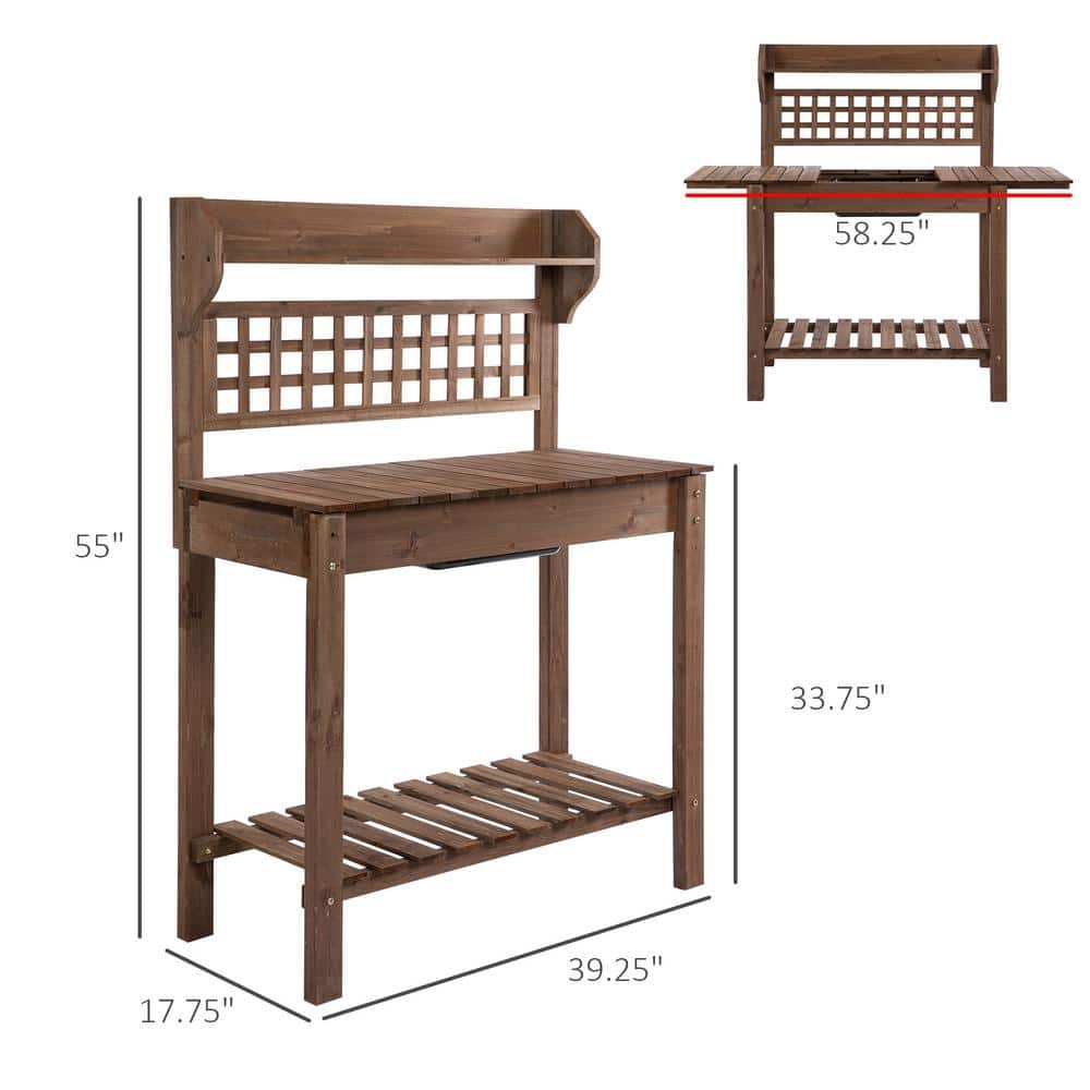 Brown Fir Wood Garden Potting Bench with Sliding Tabletop and Storage