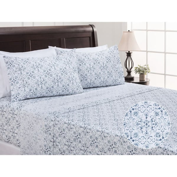 CHANASYA 4-Piece Ceramic Blue Pattern Print Microfiber Bedsheets Set, King