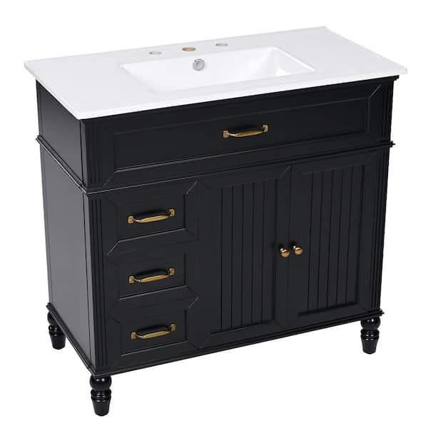 36 in. Single Sink Freestanding Black Bath Vanity with White Ceramic Top Unassembled with Drawers