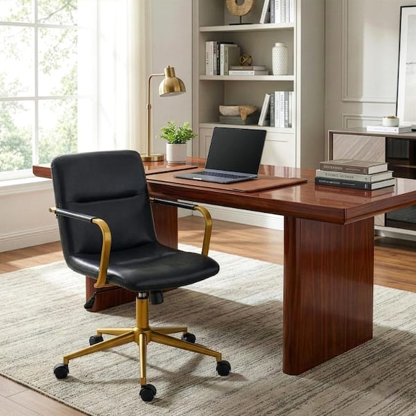 Azel Faux Leather Adjustable Swivel Office Chair in Black with Arms