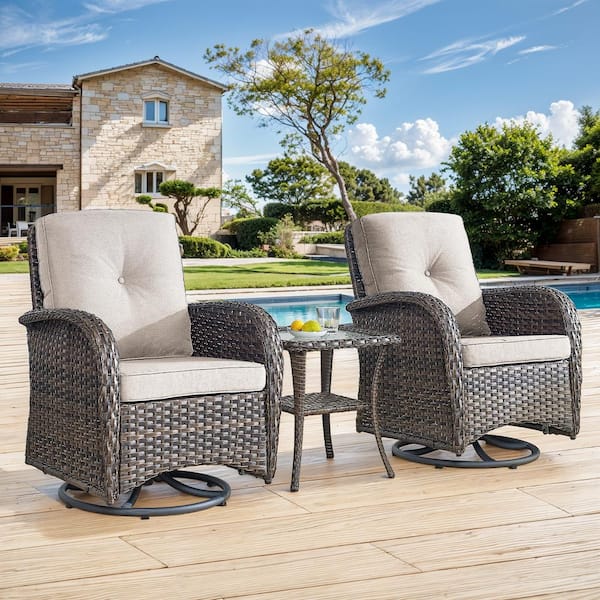 Brown 3-Piece Wicker Outdoor Rocking Chair Patio Conversation Set with Beige Cushions and Side Table