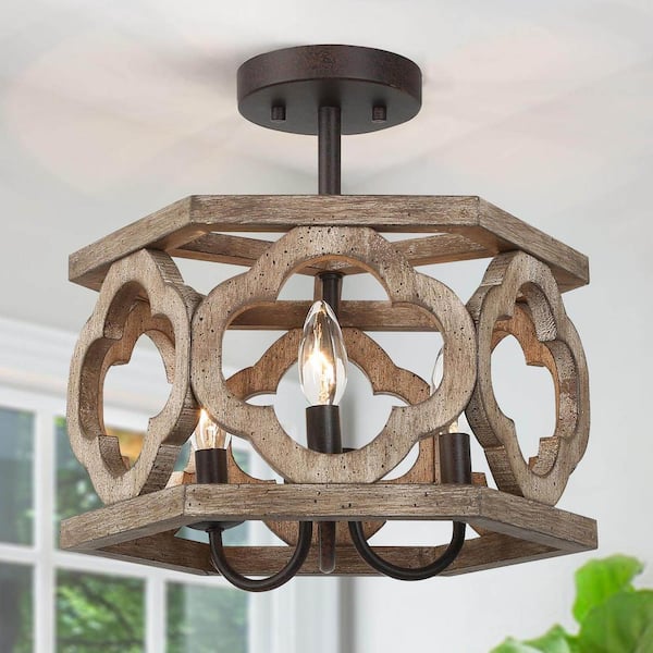 LNC Farmhouse Antique Wood Drum Semi-Flush Mount 3-Light Rustic Kitchen Island Ceiling Lamp with Rusty Bronze Candle Holders