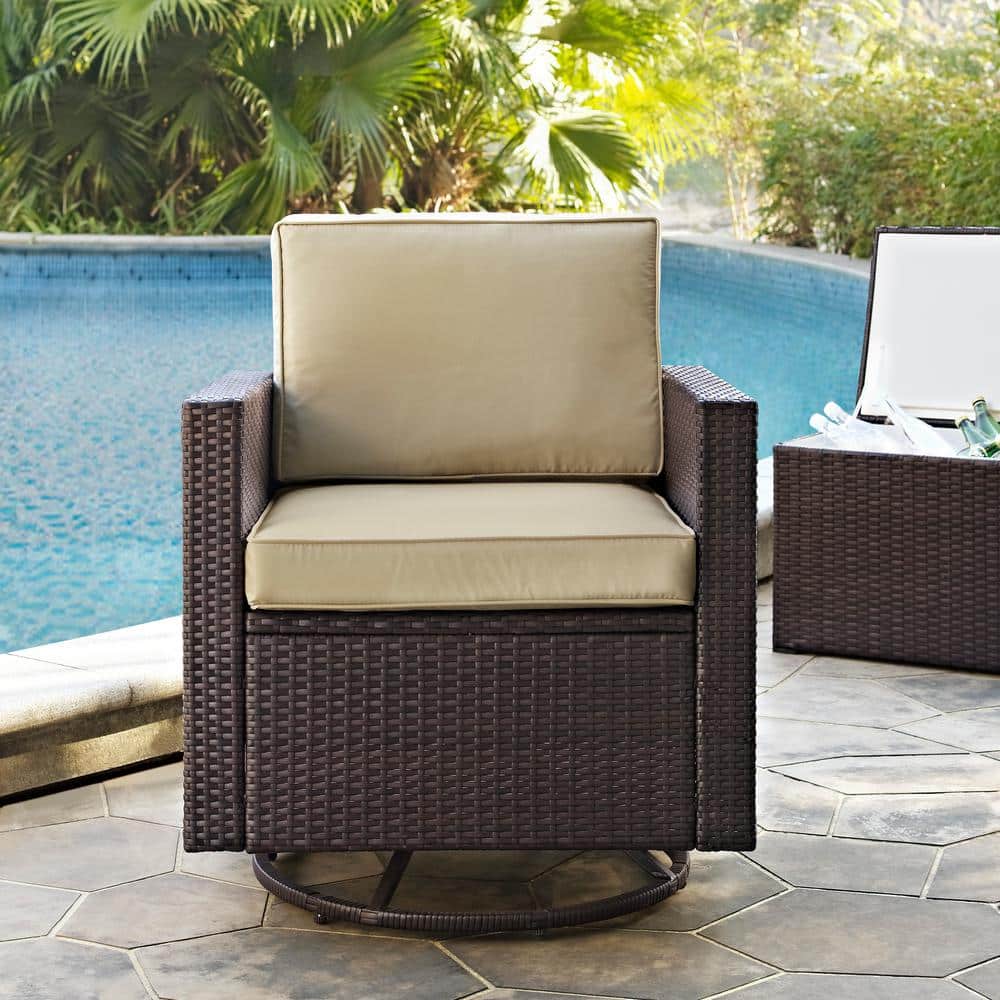 Palm Harbor Brown Wicker Swivel Rocker Chair with Sand Cushions