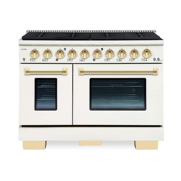 Hallman BOLD 48 in. 6.7 CF 8-Burner Freestanding Double Oven Range NG Gas Stove and Gas Oven, AW-RAL 1013 with Brass Trim